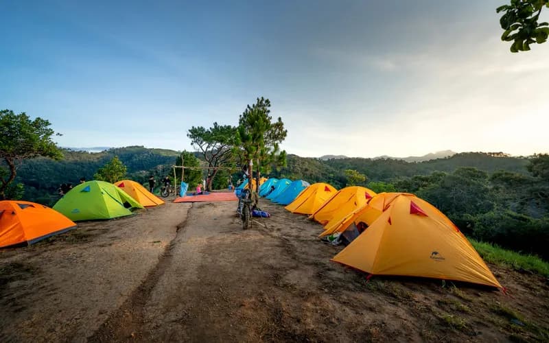 campsite tents mountain ridge