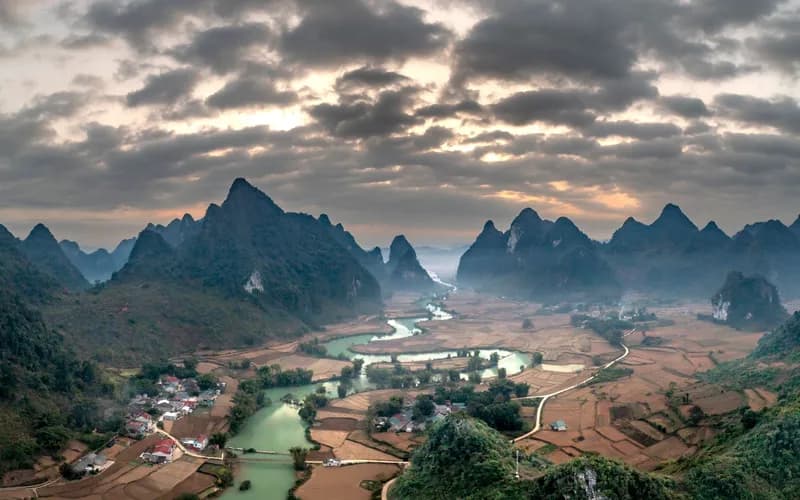 Panoramic view from the Nong Khiaw viewpoint hike over the Nam Ou River and limestone karsts