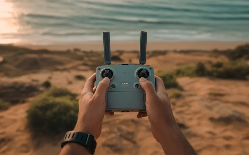 mains tenant une radiocommande de drone