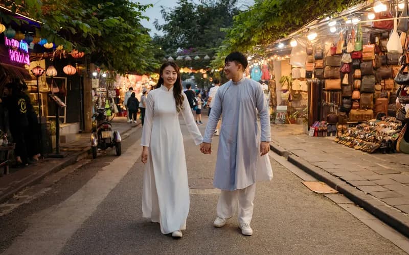 Vue à hauteur d'œil d'une rue calme de la vieille ville de Hội An au crépuscule, éclairée par des lanternes, lumière dorée chaude se reflétant sur les pavés mouillés
